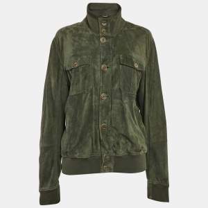 Brunello Cucinelli Green Ribbed Trim Suede Buttoned Jacket XL