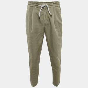 Brunello Cucinelli Green Linen Blend Draw String Leisure Fit Pants S