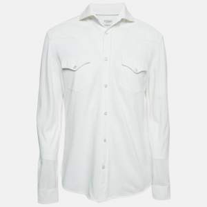 Brunello Cucinelli White Cotton Pique Long Sleeve Long Shirt L