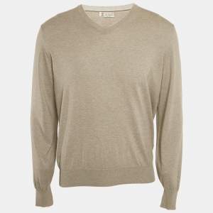 Brunello Cucinelli Grey Cotton Knit V-neck T-Shirt L