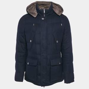 Brunello Cucinelli Navy Blue Cashmere Detachable Hood Down Jacket S