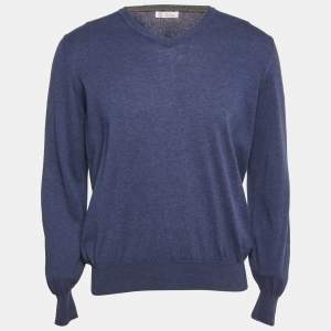 Brunello Cucinelli Blue Cotton Knit V-Neck Sweatshirt L