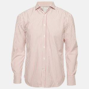 Pre Owned Brunello Cucinelli Red/White Striped Cotton Slim Fit Shirt M