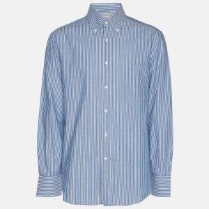 Pre Owned Brunello Cucinelli Blue/White Pinstripe Linen Blend Long Sleeve Shirt M