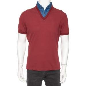 Brunello Cucinelli Maroon Cotton Denim Collar Detail Regular Fit T-Shirt L