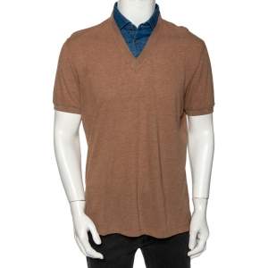  Brunello Cucinelli Brown Cotton Pique Denim Collar Inset Polo T Shirt XXL
