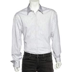Brunello Cucinelli White & Grey Striped Cotton Basic Fit Shirt XXXL