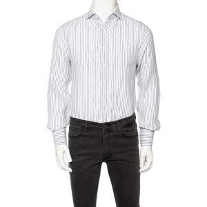 Brunello Cucinelli White Striped Linen Slim Fit Shirt M
