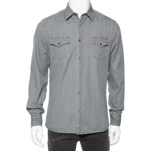 Brunello Cucinelli Grey Chambray Button Front Leisure Fit Shirt M