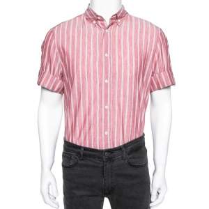 Brunello Cucinelli Pink Striped Cotton & Linen Leisure Fit Shirt XL