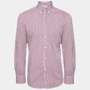 Brunello Cucinelli White and Burgundy Striped Button Down Shirt XXL