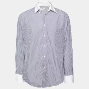 Brunello Cucinelli Blue and White Striped Cotton Button Front Shirt XXL
