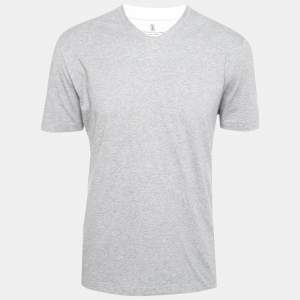 Brunello Cucinelli Grey Cotton V-Neck Short Sleeve Regular Fit T-Shirt XXL
