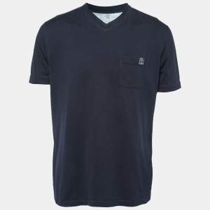 Brunello Cucinelli Navy Blue Cotton V-Neck Short Sleeve T-Shirt XL