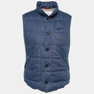 Brunello Cucinelli Blue Down Linen Button Front Gilet L