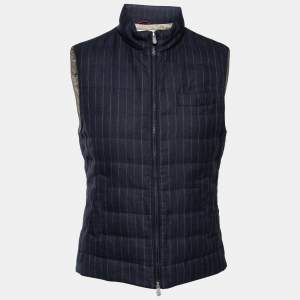 Brunello Cucinelli Navy Blue Striped Linen & Wool Zip-Front Jacket Vest S