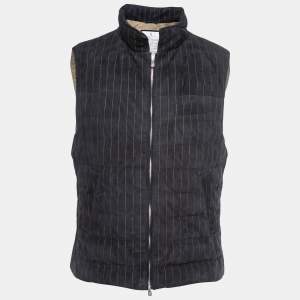 Brunello Cucinelli Navy Blue Striped Suede Jacket Vest M 