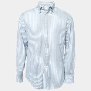Brunello Cucinelli Blue Striped Cotton Button Down Slim Fit Shirt M
