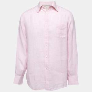 Brunello Cucinelli Pink Checked Patterned Linen Button Down Shirt L