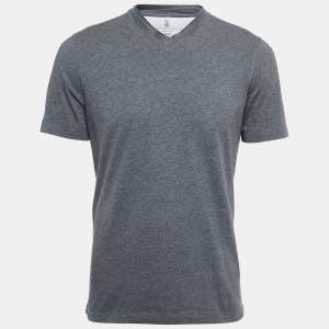 Brunello Cucinelli Grey Cotton V-Neck Half Sleeve Slim Fit T-Shirt S
