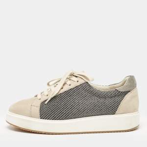 Brunello Cucinelli Beige/Grey Nubuck Leather and Wool Embellished Low Top Sneakers Size 41