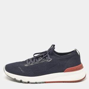 Brunello Cucinelli Navy Blue Knit Fabric Lace Up Sneakers Size 43
