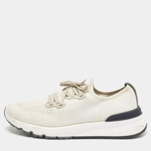 Brunello Cucinelli Cream/Grey Knit Fabric Low Top Sneakers Size 44