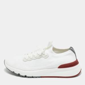 Pre Owned Brunello Cucinelli White Knit Fabric and Leather Low Top Sneakers Size 42