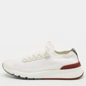 Pre Owned Brunello Cucinelli Size 42 White Knit Fabric and Leather Low Top Sneakers