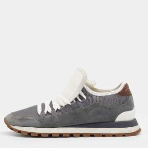 Brunello Cucinelli Grey Mesh And Suede Low Top Sneakers Size 40