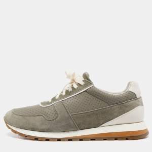 Brunello Cucinelli Grey/Green Suede and Leather Low Top Sneakers Size 45