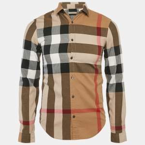 Burberry Brit Brown Tartan Check Herringbone Cotton Button Front Shirt XS