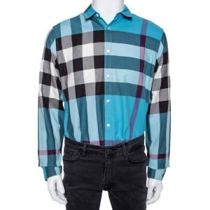 Burberry Brit Blue Checked Cotton Button Front Shirt L  