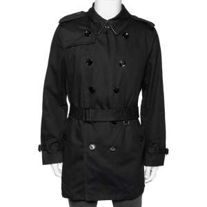 Burberry Brit Black Gabardine Double Breasted Belted Trench Coat L