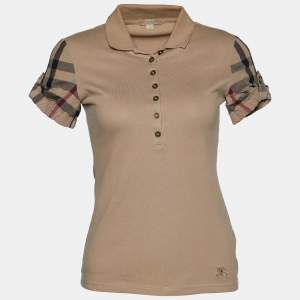 Burberry Brit Beige Cotton Pique Nova Check Sleeve T-Shirt XS