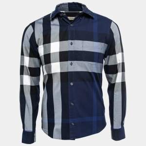 Burberry Brit Navy Blue Checked Cotton Button Down Shirt S
