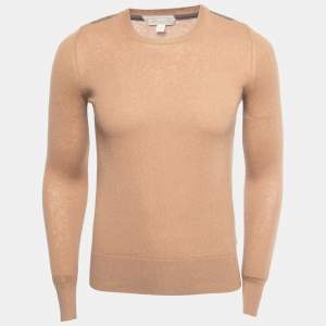 Burberry Brit Beige Knit Horseferry Check Shoulder Detail Crew Neck Sweatshirt XS