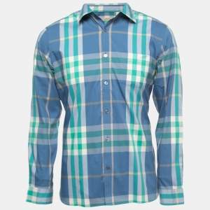 Burberry Brit Blue/Green Plaided Cotton Full Sleeve Shirt L