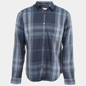Burberry Brit Navy Blue Checkered Cotton Blend Button Front Shirt M
