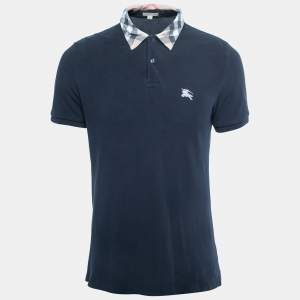 Burberry Brit Navy Blue Honeycomb Knit Novacheck Collar Detail Polo T-Shirt M