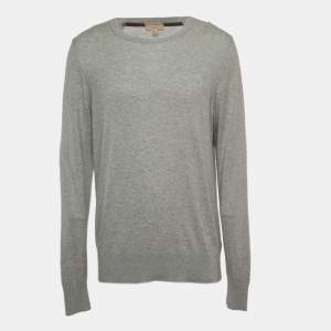 Burberry Brit Grey Cashmere and Cotton Check Detail Round Neck Sweater XXL