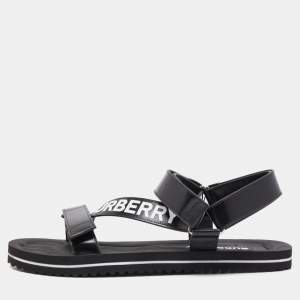 Burberry Black Leather Patterson Velcro Flat Sandals Size 43