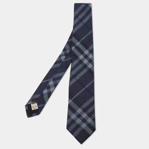 Burberry London Navy Blue Check Silk Tie