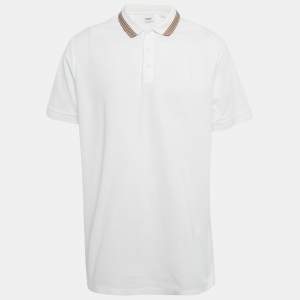 Pre Owned Burberry White Stripe Trim Cotton Polo T-Shirt XXL 