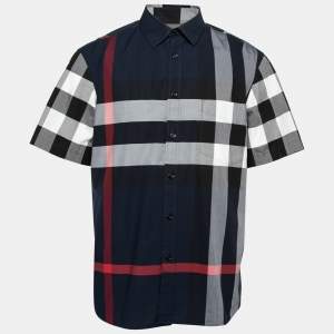 Burberry London Navy Blue Checked Cotton Button Front Short Sleeve Shirt XXL