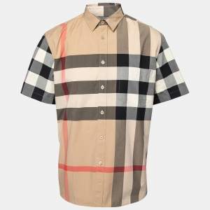 Burberry Beige Checked Cotton Button Front Short Sleeve Shirt XXL