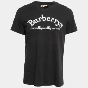 Burberry London Black Logo Embroidered Cotton Half Sleeve T-Shirt L