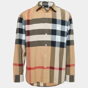 Burberry London Beige Plaid Cotton Button Front Full Sleeve Shirt XL