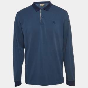 Burberry London Blue Logo Embroidered Cotton Knit Long Sleeve Polo T-Shirt XXL