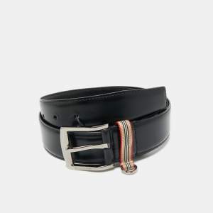 Pre Owned Burberry Black Leather Gray Buckle Belt 85CM